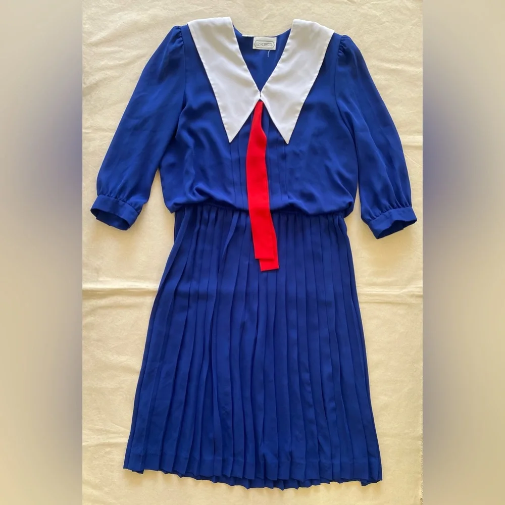 Liz Roberts Blue and White Pleated Flowy Dress Sailor Moon Style 16 Vintage - Picture 1 of 9